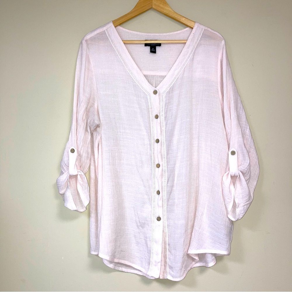 Pink Blouse Women's 2X Shirt Top Button Down Lightweight Loose Relaxed Flowy